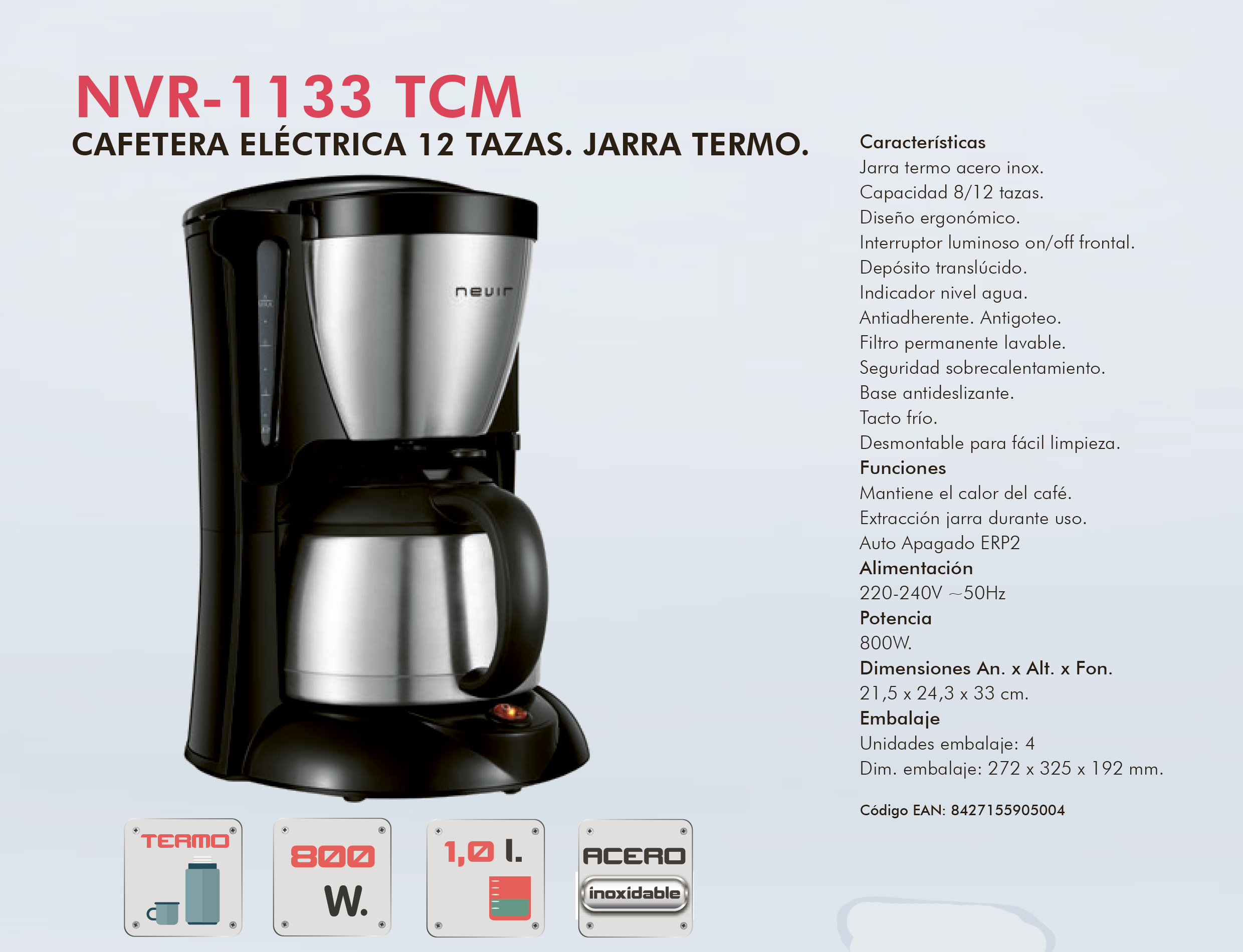 Cafetera electrica nevir nvr - 1132 cm 12 tazas - 800w